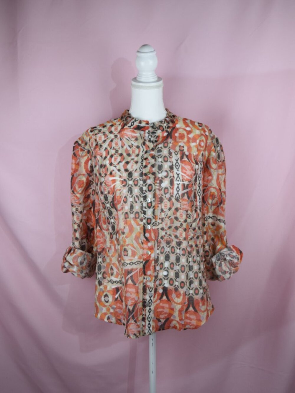 Ruby Rd. Orange Multi Abstract Geometric Button-Up Blouse Shirt | Plus Size 16